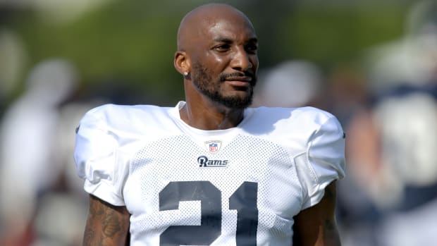 Rams cornerback Aqib Talib (21) looks on during training camp practice.